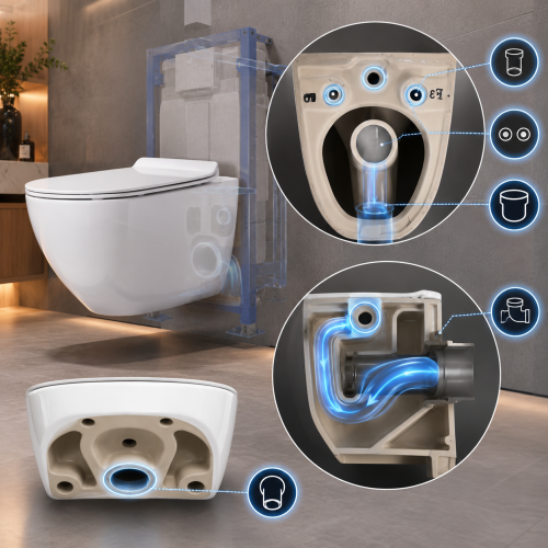 Wall hung toilet rear connection openings