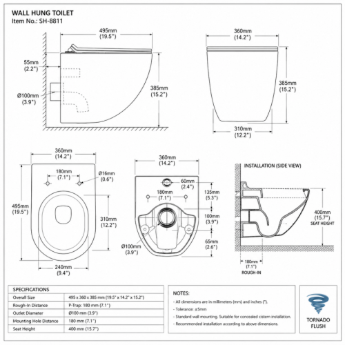 Wall Hung Toilet Tornado Flush Round Front for Space-consciou Bathrooms