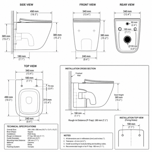 Wall Hung Toilet Square Bowl Shape Tornado Flush