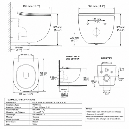 Wall Hung Toilet Tornado Flush Round Front Bowl for Commercial Bathroom