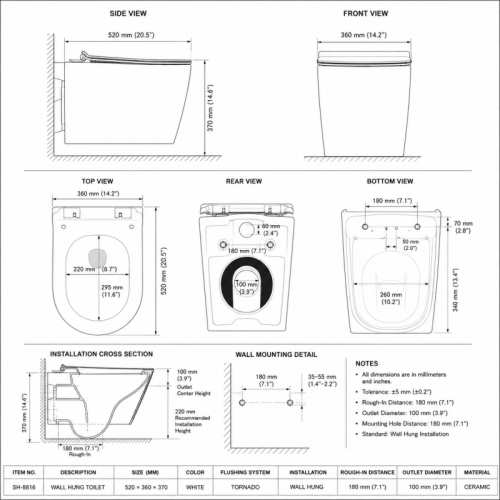 Wall Hung Toilet Tornado Flush Square Bowl for Commercial Projects