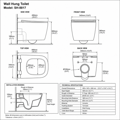 Square Wall Hung Toilet with Tornado Flush