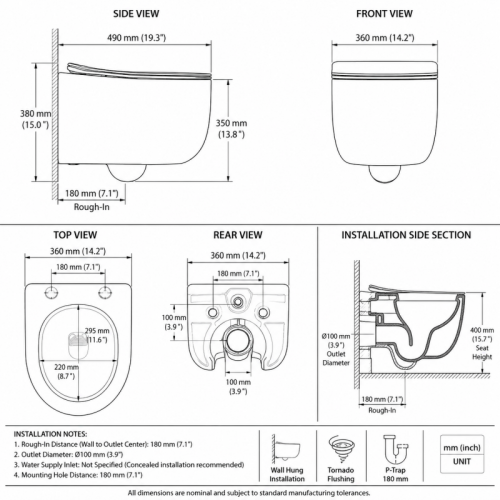 Round Wall Hung Toilet with Tornado Flush and Round Front Bowl Profile
