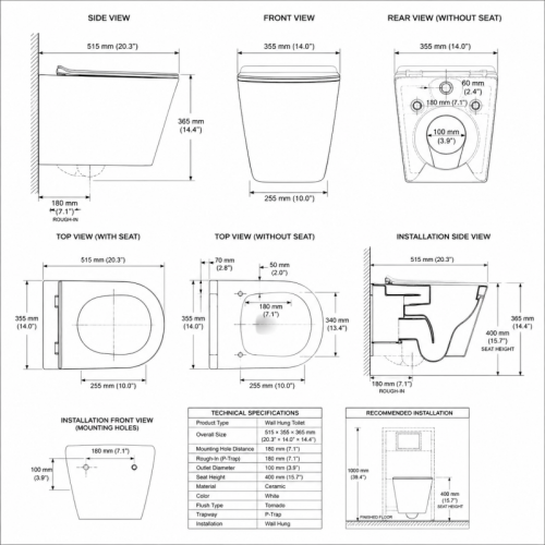 Round Wall Hung Toilet with Tornado Flush and Round Front Bowl Profile