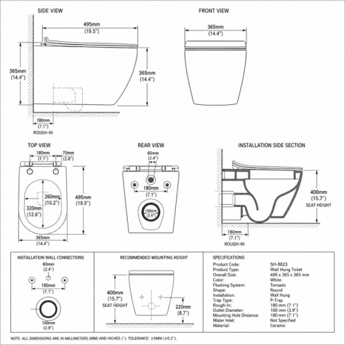 Round Wall Hung Toilet with Tornado Flush and Round Front Bowl Profile