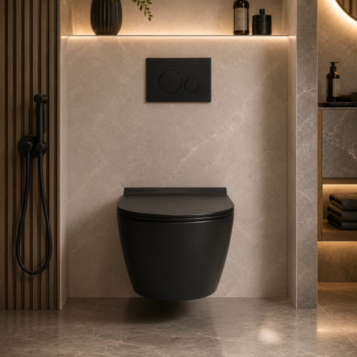 Round Wall Hung Toilet with Tornado Flush and Matte Black Finish