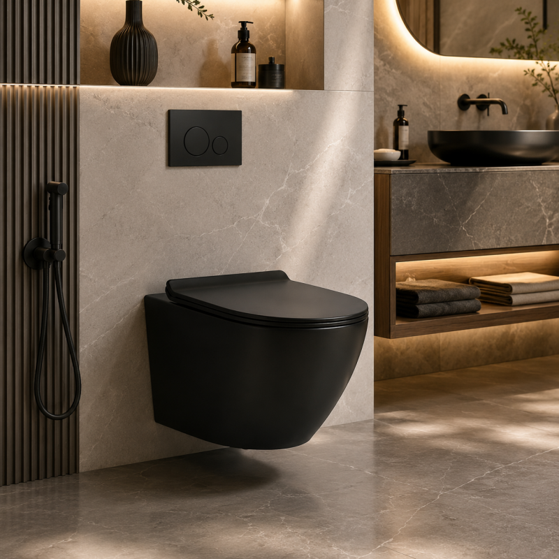 Round Wall Hung Toilet with Tornado Flush and Matte Black Finish
