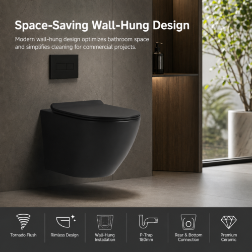Round Wall Hung Toilet with Tornado Flush and Matte Black Finish