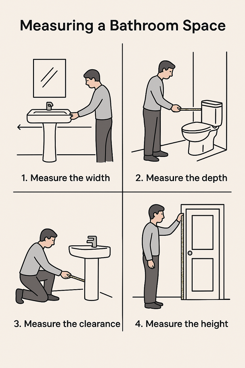 A step-by-step diagram showing how to correctly measure bathroom space