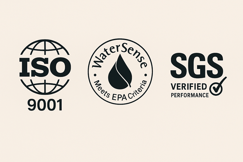 A collection of certification marks including ISO 9001, WaterSense, and SGS