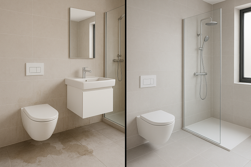 The left side showcases common problems in traditional bathrooms, AND while the right side demonstrates a clean and efficient space achieved through Jabra Smart solutions