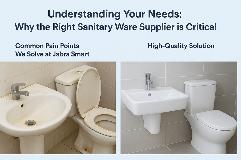 The left side shows low-quality bathroom problems (water stains, damage), and the right side shows high-quality solutions