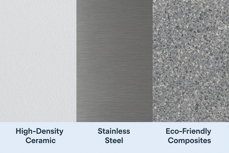 Microstructure or surface close-up of three materials ceramics, stainless steel, and composite materials