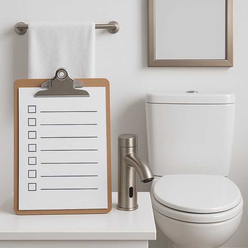 Two-phase bathroom installation checklist with fixtures and accessories