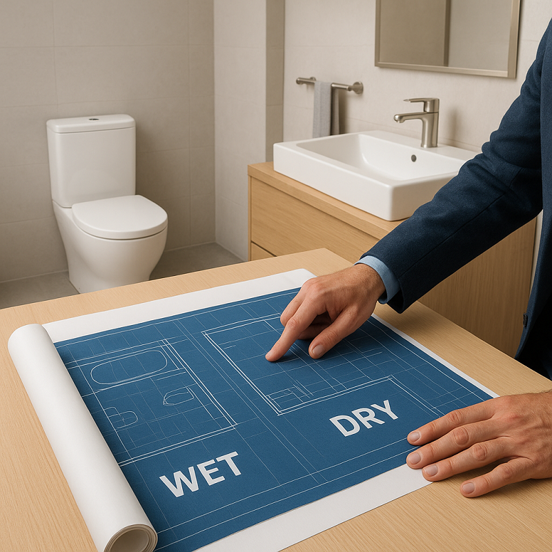 Architect reviewing bathroom layout plans with clear wet and dry zones