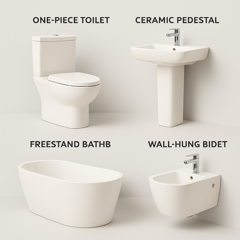 Comparison of bathroom sanitary items: toilet, sink, bathtub, and bidet in a clean display