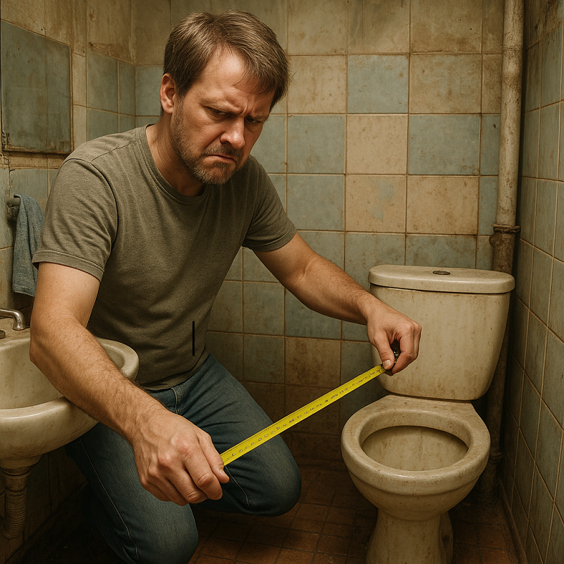 Homeowner struggling with measuring tape in a small cramped bathroom