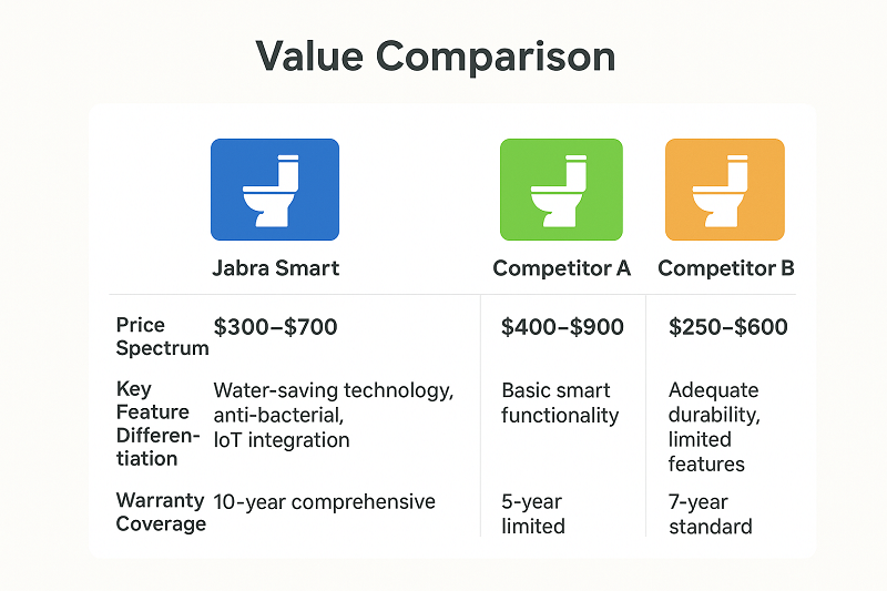 A value comparison infographic visually compares the Jabra Smart with competing products in terms of price, features, and warranty period