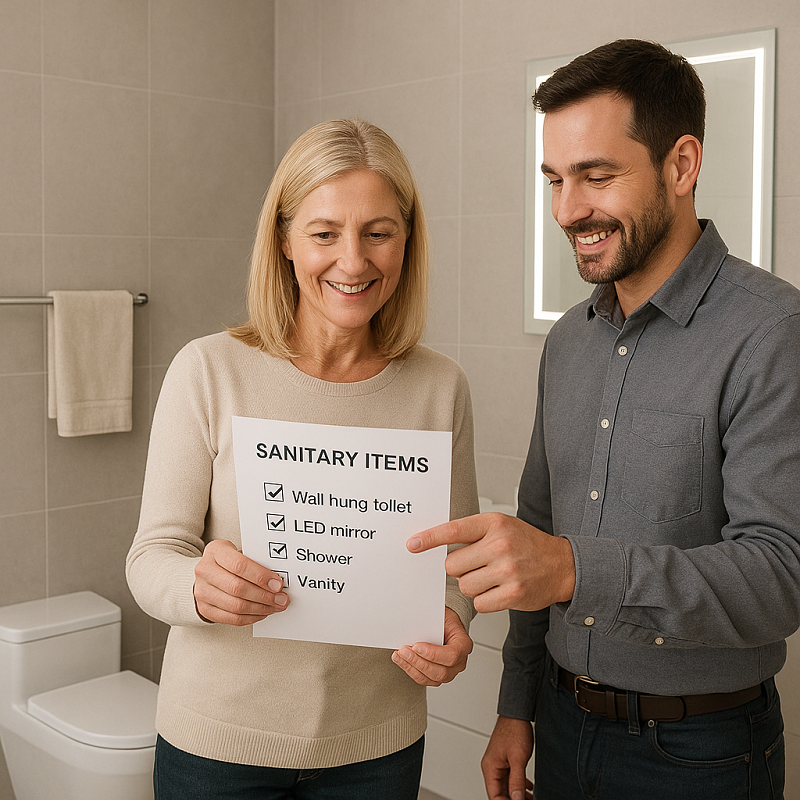 Homeowner and contractor reviewing a sanitary items checklist together