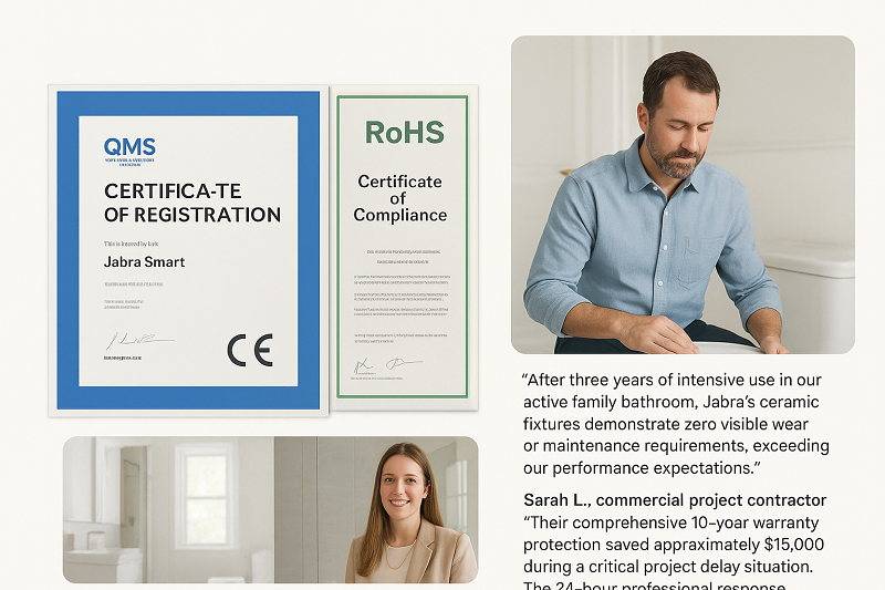 The image combines certification displays and user testimonials. The left side showcases certifications such as ISO 9001, CE, and RoHS, while the right side displays real-world user scenarios and reviews