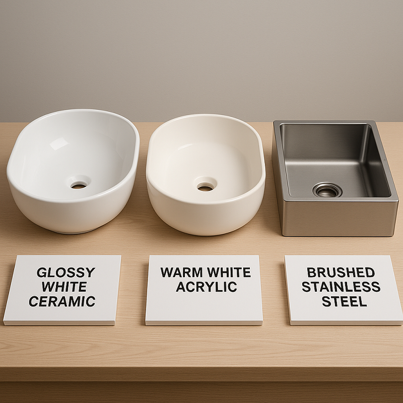 Side-by-side comparison of ceramic, acrylic, and stainless steel sanitary materials
