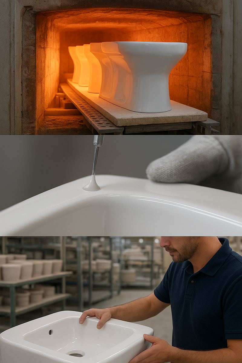 Demonstrates the 1200°C high-temperature firing process, advanced glaze treatment technology, and quality inspection procedures