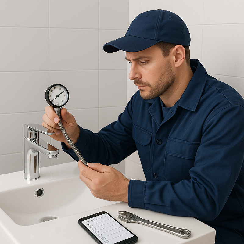 Plumber testing water pressure before installing a sensor faucet