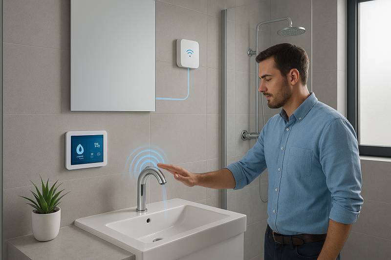 The smart bathroom technology demonstration images showcase touch-sensitive faucets, IoT-connected devices, and water-saving technologies