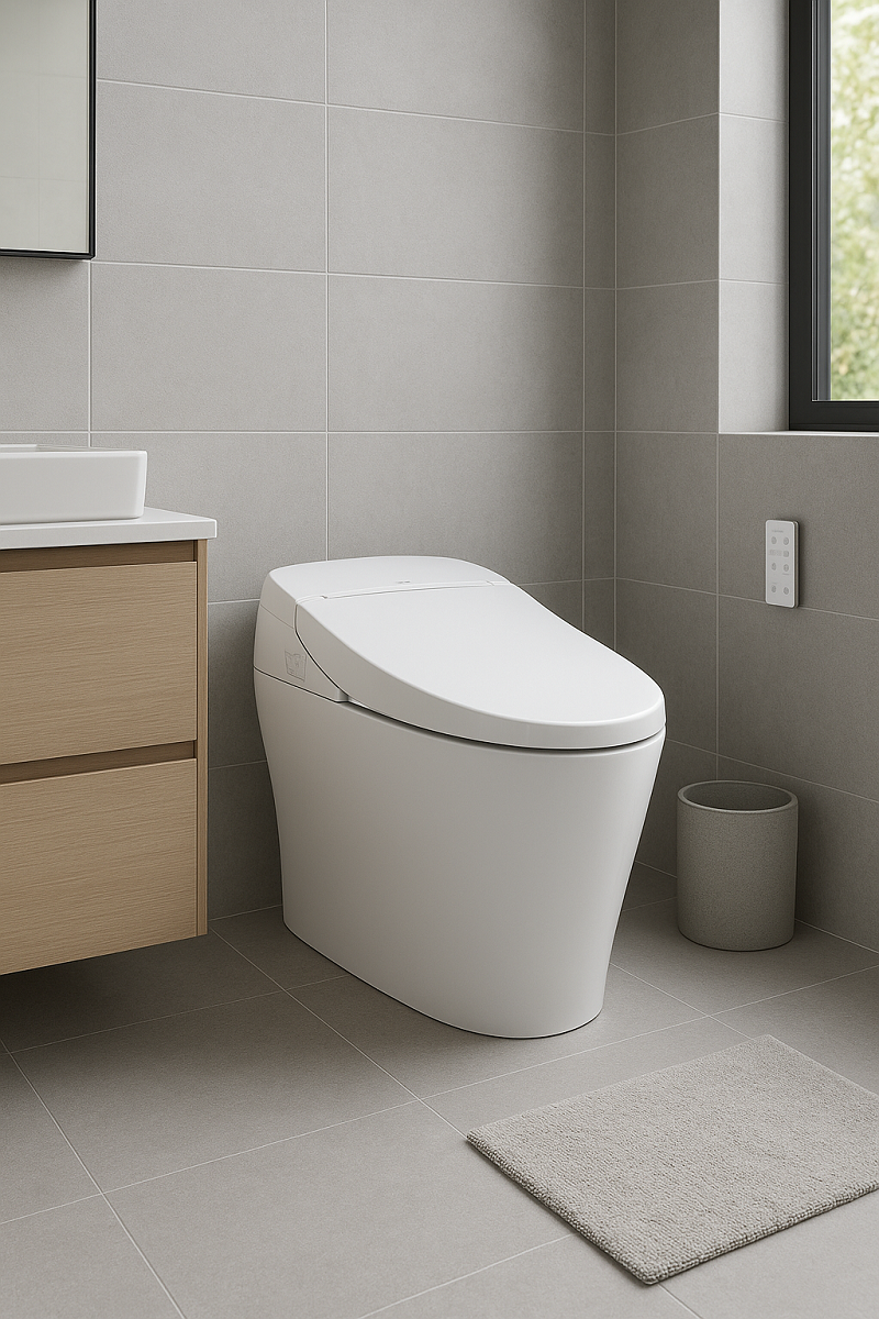 Exploded view of the infrared sensor and dual flush valve of the smart toilet.