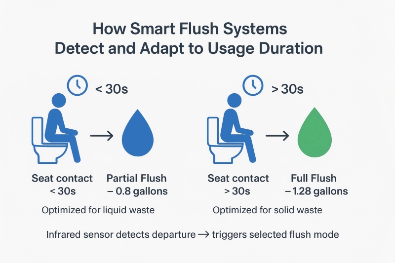 The illustration of a smart toilet shows the process of triggering different flushing modes based on short-term use and long-term use