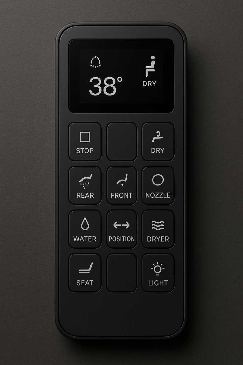 Close-up image of the remote controller, showing the button layout and display screen.