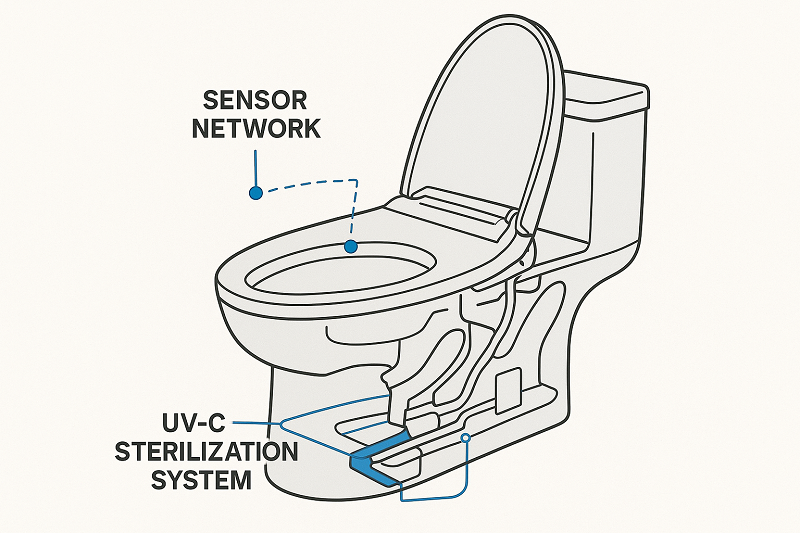 A schematic diagram of the internal structure of a smart toilet, showing the sensor network and UV-C sterilization system