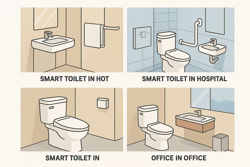 Scene illustrations of smart toilets being used in commercial venues such as hotels, hospitals, and offices